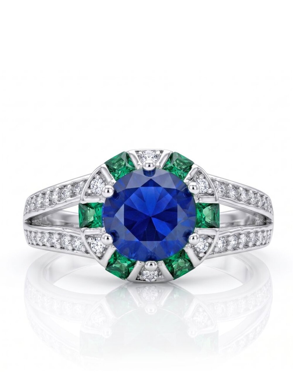 Sapphire Blue and Emerald Green Round gemstone ring, 925 Sterling Silver